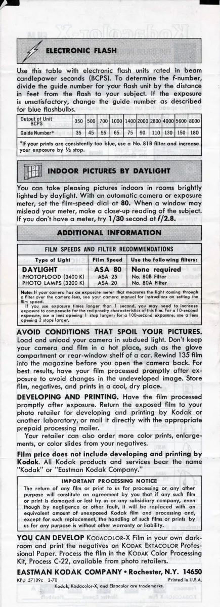 Kodacolor-X Data Sheet Back